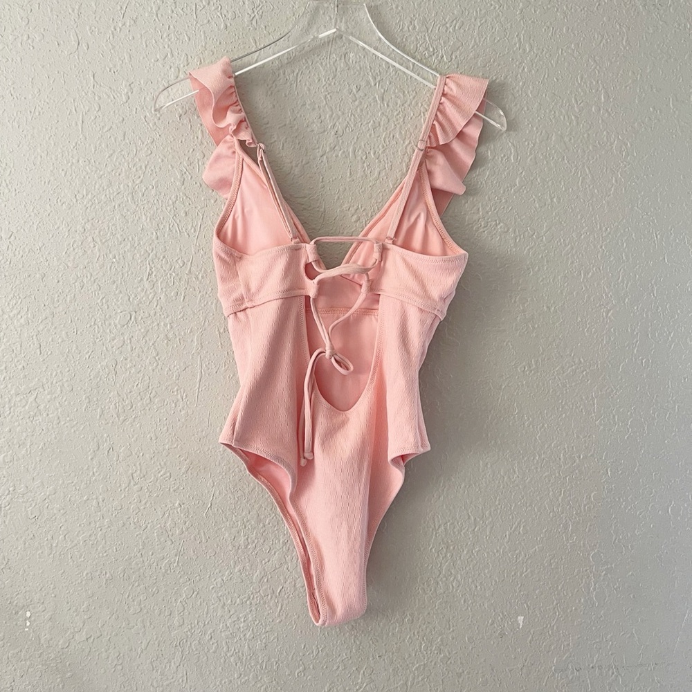 Cupshe V-Neck Pink Ruffled Lace Up Back One-Piece Cheeky Swimsuit Medium NWT - Picture 4 of 10
